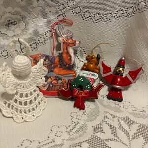 Christmas Lot- Wooden Ornaments Crochet Doily Angel Porcelain Anamorphic Figures